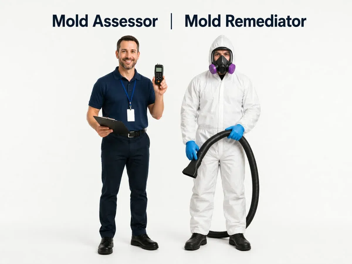 A licensed mold assessor and a certified mold remediator in protective gear